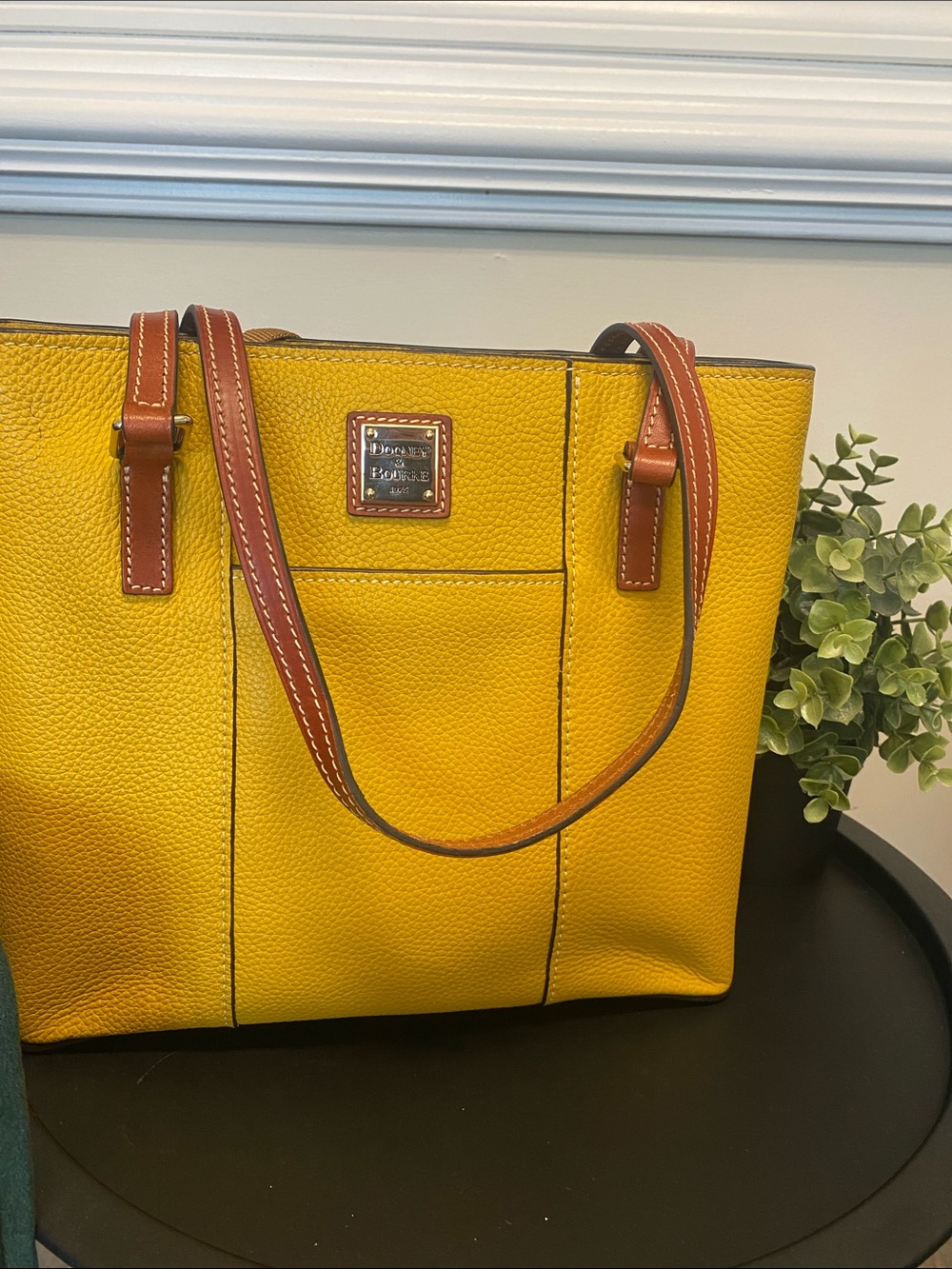 Dooney & Bourke Bright Yellow Pebbled Leather Tote with Brown Trim